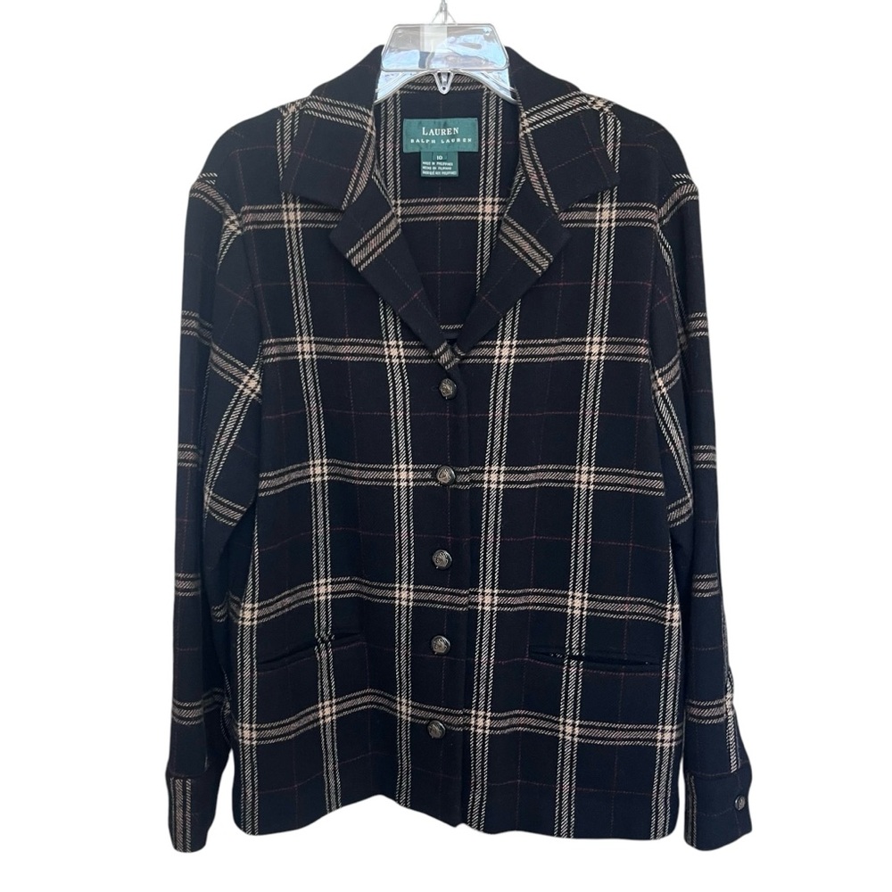 Lauren Ralph Lauren Women Wool Plaid Blazer Size 10 Elbow Patches Black Academia